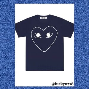 Comme des Garcons Play Men’s Navy Tee w White Love Heart Outline w Eyes Sz L